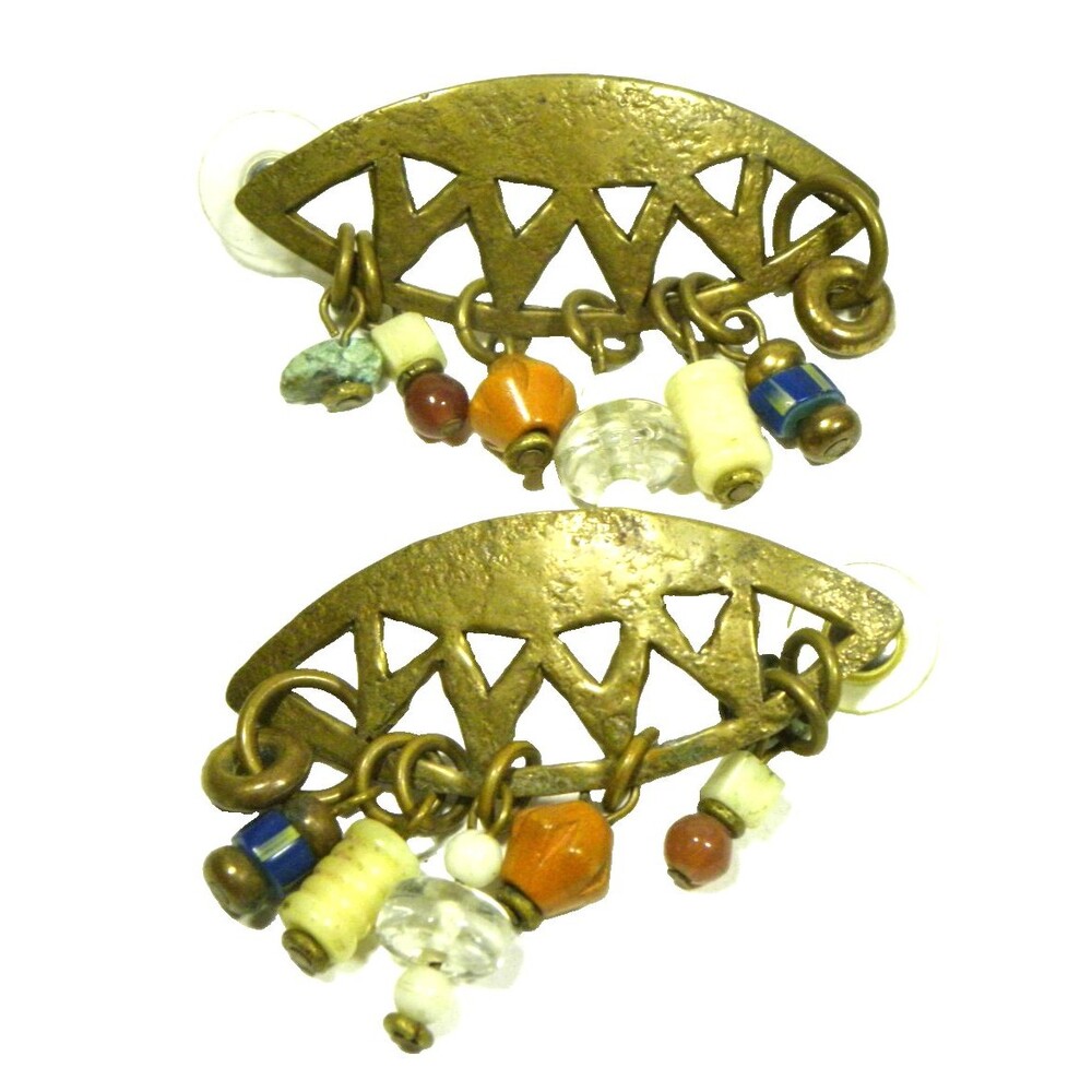 Vintage Boho Earrings Gold Tone Beaded Charms Open Work Geometric Oval